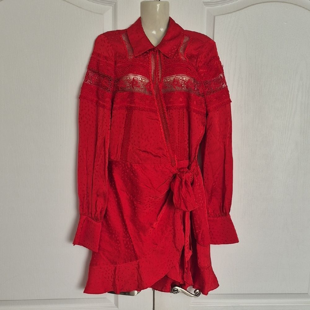 Self-Portrait Vibrant Red Trimmed Lace Wrapped Fabric Midi Dress